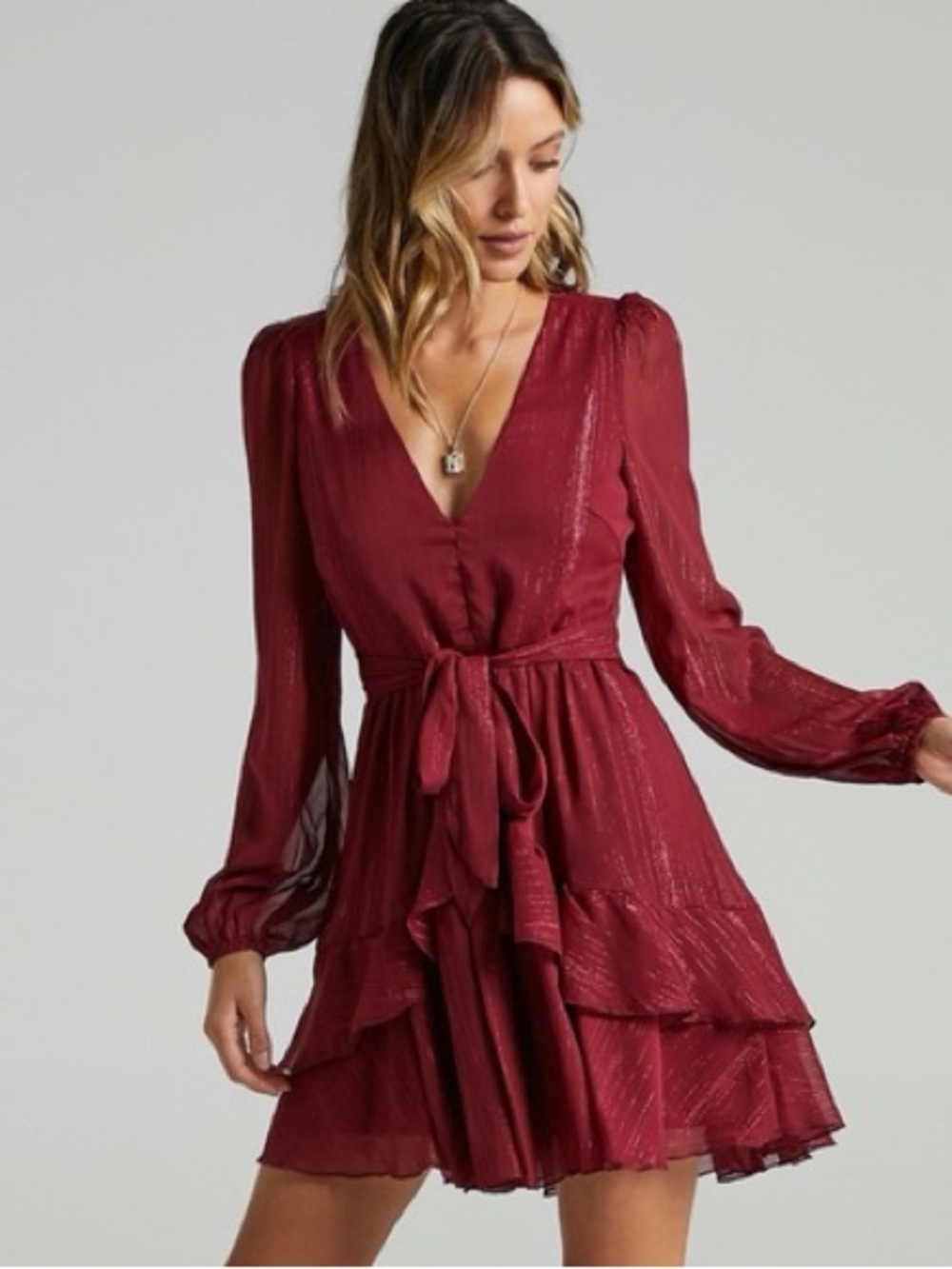 Showpo “Only Eyes Who Know Me” Ruffle Mini Dress | Wine Red | US 8 | NWT